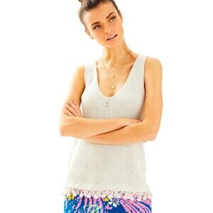 Lilly Pulitzer Women Jaya Summer Sweater Silver Sparkly Sleeveless Fringe XS